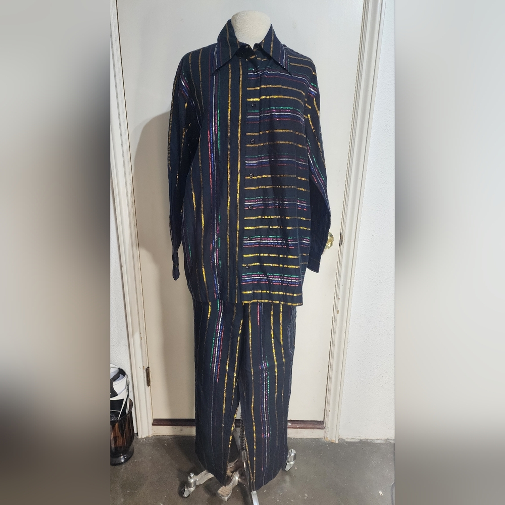 FARM Rio Metallic Stripe Co Ord Set Wide Leg Pants Shirt Resort NWT L - Picture 3 of 12